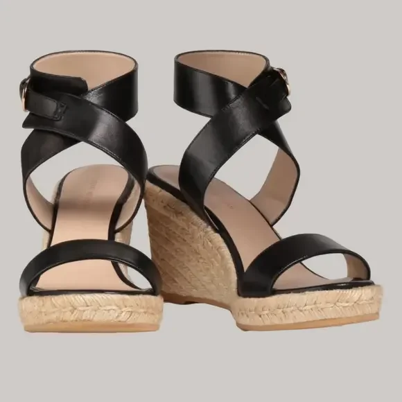 New Stuart Weitzman Lexia Leather Black  Espadrille Wedge Sandal Size 10 - Picture 2 of 12